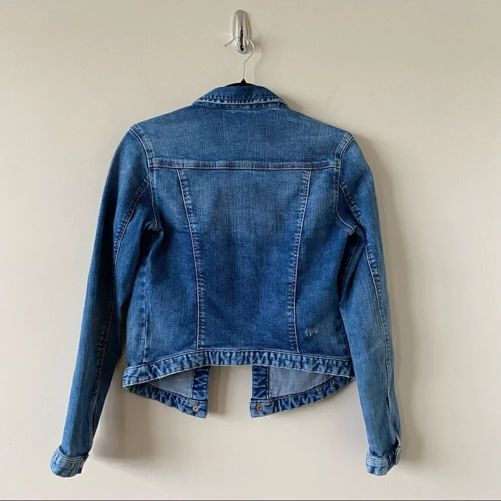 ZARA-FITTED Denim Mid Wash Distressed Jacket - Picture 3 of 13